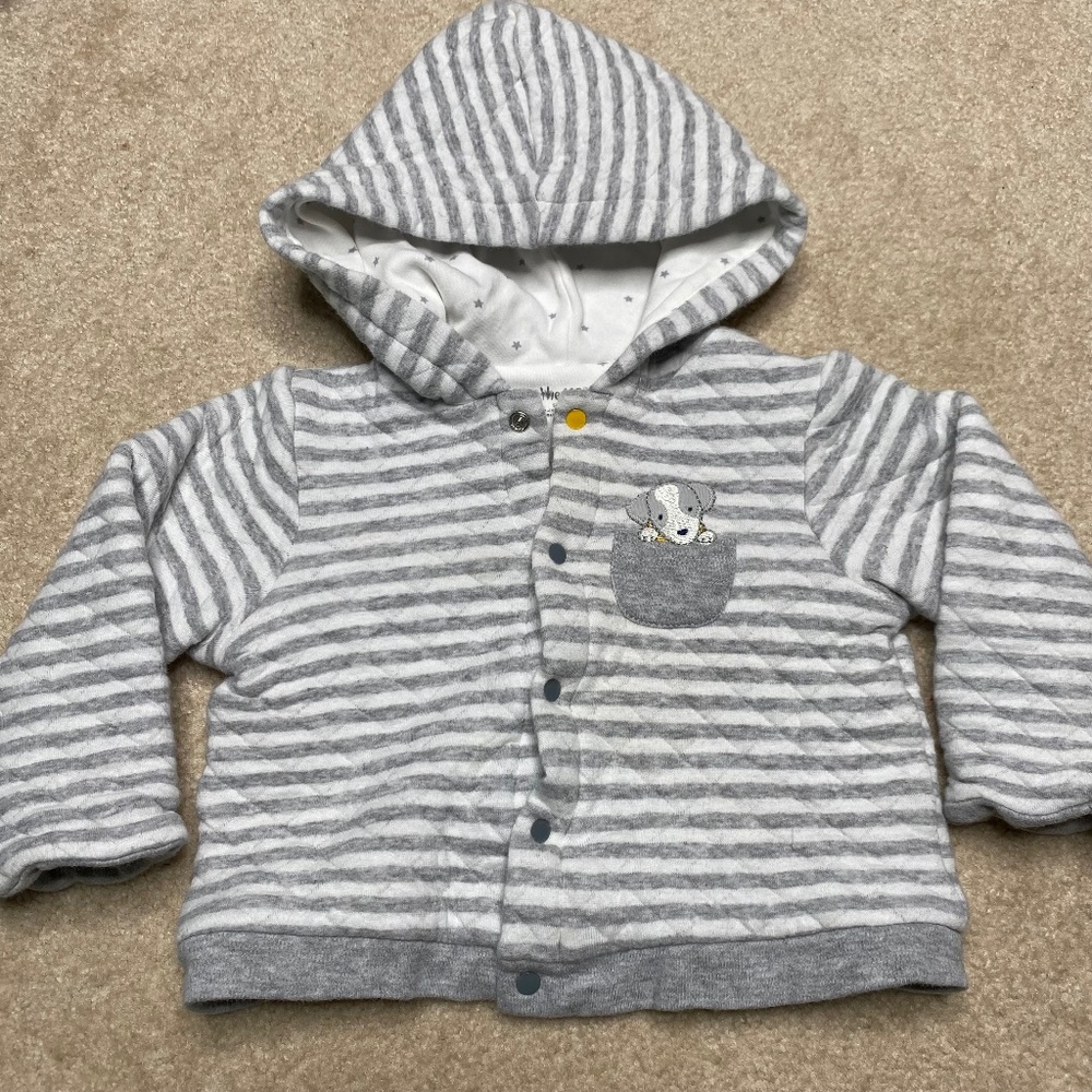 5/$25! Little Me gray and white striped button down hooded sweatshirt size 9 M